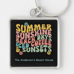 Retro Groovy Summer Pink Monogram Name  Key Ring