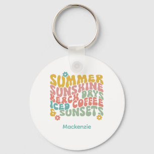 Retro Groovy Summer Pink Monogram Name Key Ring