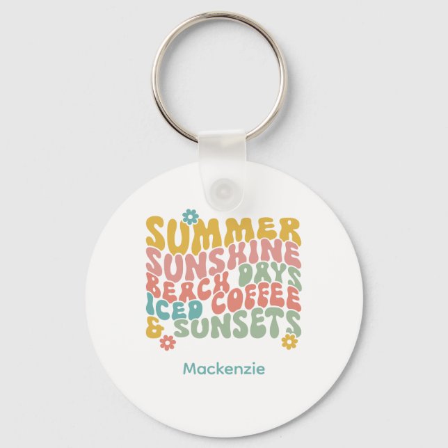 Retro Groovy Summer Pink Monogram Name  Key Ring (Front)