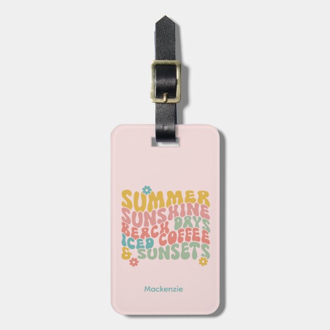 Retro Groovy Summer Pink Monogram Name Luggage Tag (Front Vertical)