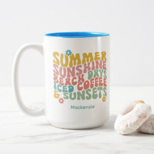 Retro Groovy Summer Pink Monogram Name Luggage Tag Two-Tone Coffee Mug