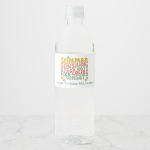 Retro Groovy Summer Pink Monogram Name  Water Bottle Label
