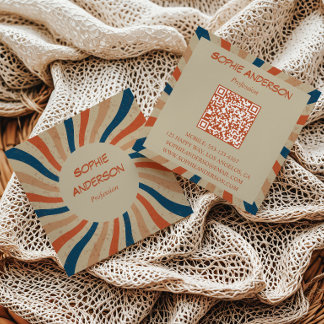 Retro Groovy Sunburst Square QR Code Square Business Card