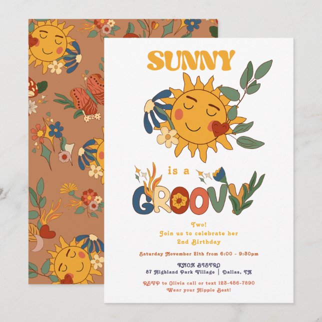 Retro Groovy Sunshine Flower Power Birthday Party  Invitation (Front/Back)