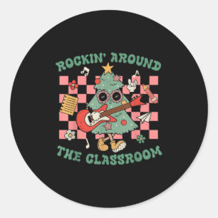 Retro Groovy Teacher Christmas Rockin' Around The  Classic Round Sticker