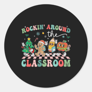 Retro Groovy Teacher Christmas Rockin' Around The Classic Round Sticker