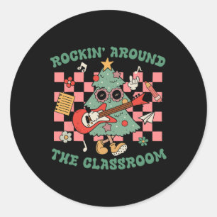Retro Groovy Teacher Christmas Rockin' Around The  Classic Round Sticker