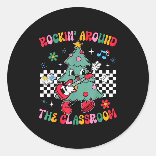 Retro Groovy Teacher Christmas Rockin' Around The  Classic Round Sticker (Front)
