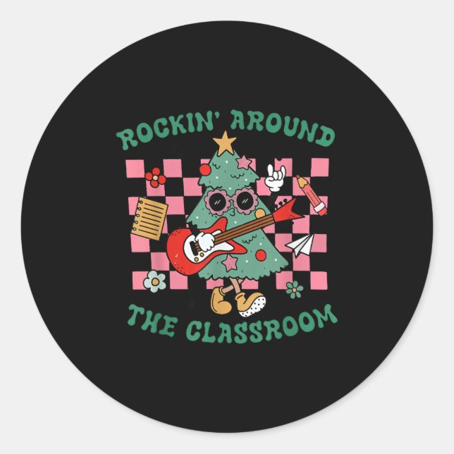 Retro Groovy Teacher Christmas Rockin' Around The  Classic Round Sticker (Front)