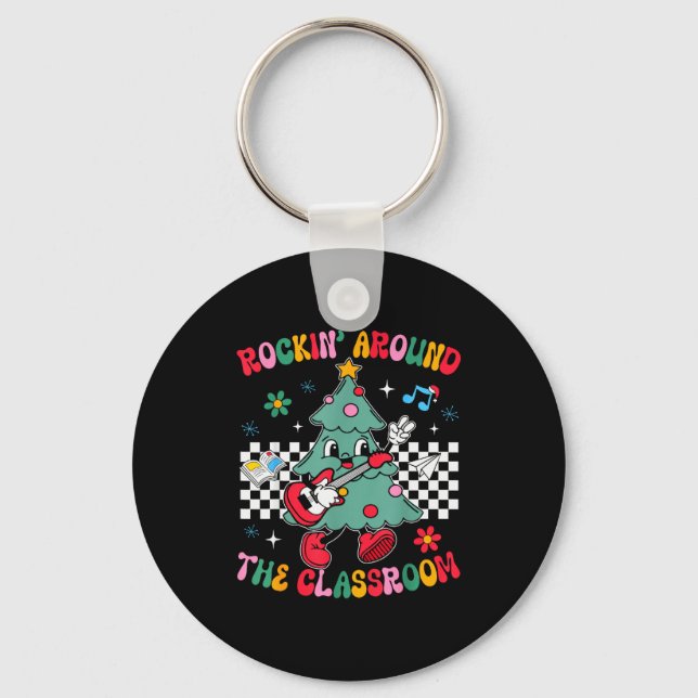 Retro Groovy Teacher Christmas Rockin' Around The  Key Ring (Front)