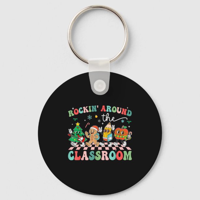 Retro Groovy Teacher Christmas Rockin' Around The  Key Ring (Front)