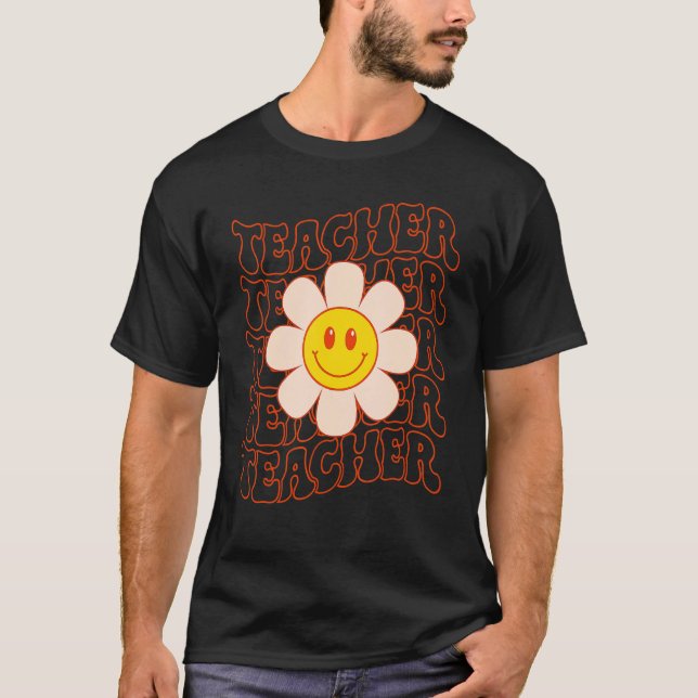Retro Groovy Teacher Happy Face Cute Daisy Flower  T-Shirt (Front)