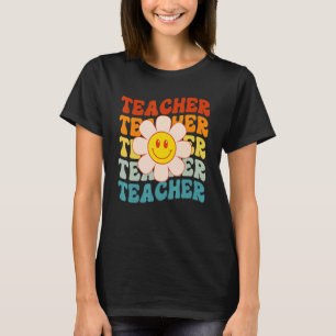 Retro Groovy Teacher Happy Face Cute Daisy Flower T-Shirt