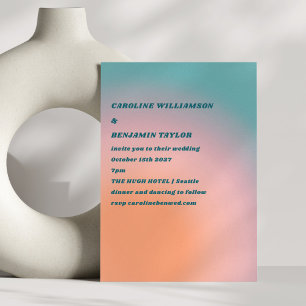 Retro Groovy Teal Pink Orange Gradient Wedding Invitation