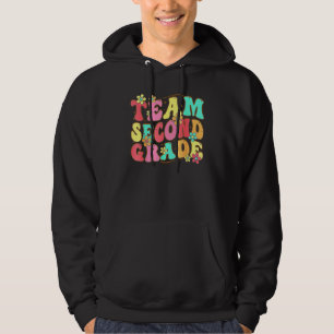 Retro Groovy Team Second Grade Hippie Flower Back Hoodie