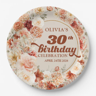 Retro groovy terracotta blush flowers 30 birthday paper plate