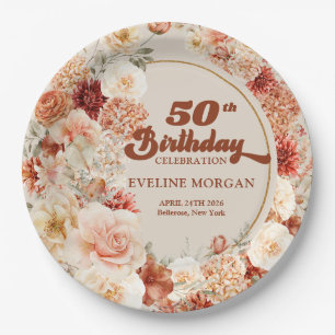 Retro groovy terracotta burgundy 50th birthday paper plate