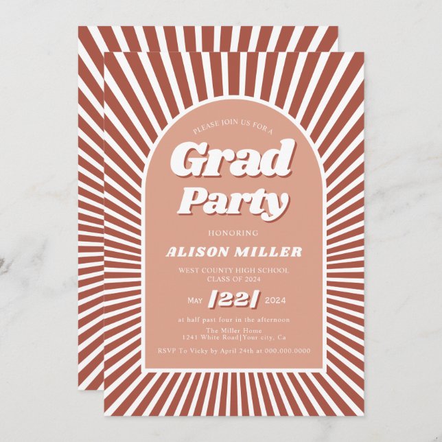 Retro groovy terracotta sunrays 70s Graduation Invitation (Front/Back)