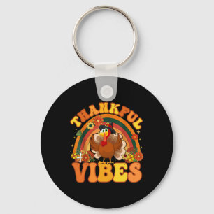 Retro Groovy Thankful Vibes Turkey Fall Thanksgivi Key Ring