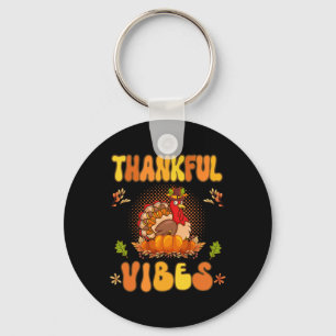 Retro Groovy Thankful Vibes Turkey Fall Thanksgivi Key Ring