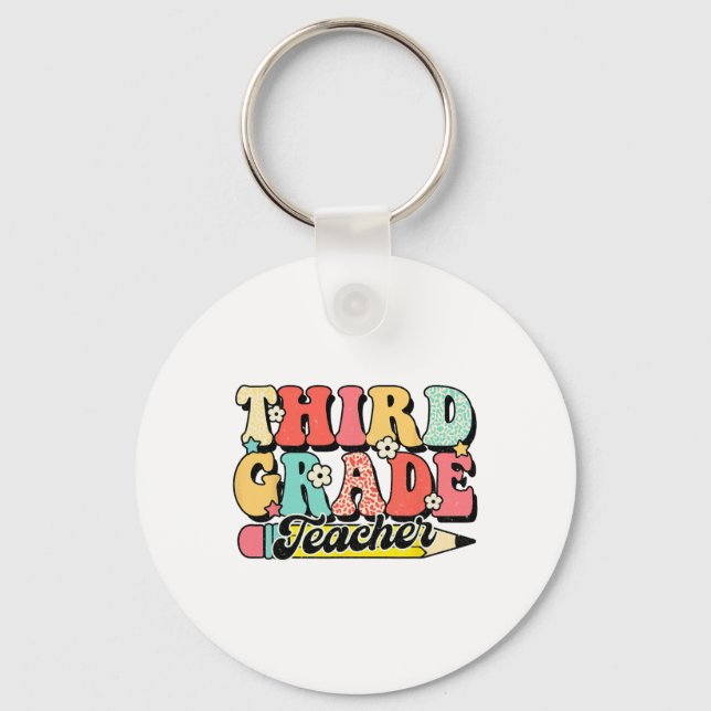 Retro Groovy Third Grade Teacher First Day 3rd Gra Key Ring (Front)