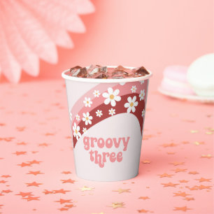 Retro groovy three daisy 3rd birthday paper cups