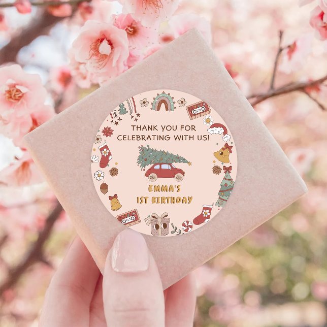 Retro Groovy Truck Christmas Birthday Party Classic Round Sticker (Creator Uploaded)