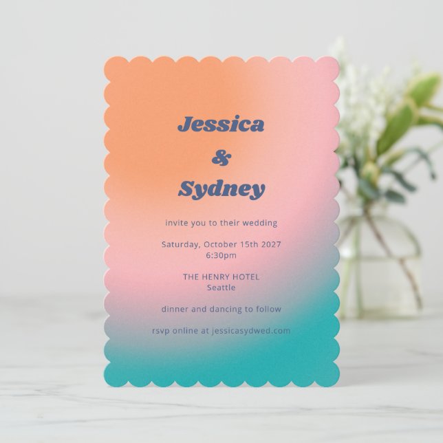 Retro Groovy Turquoise Pink Orange Unique Wedding Invitation (Standing Front)