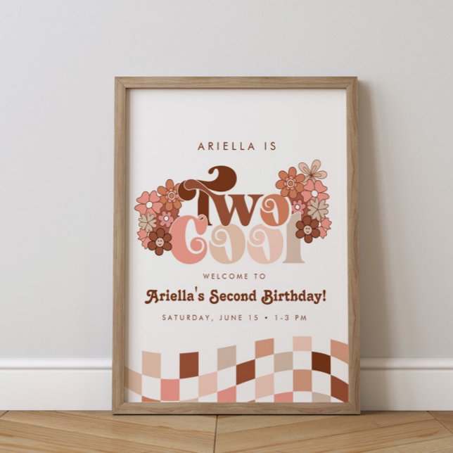 Retro Groovy Two Cool Girls 2nd Birthday Welcome Poster (Creator Uploaded)