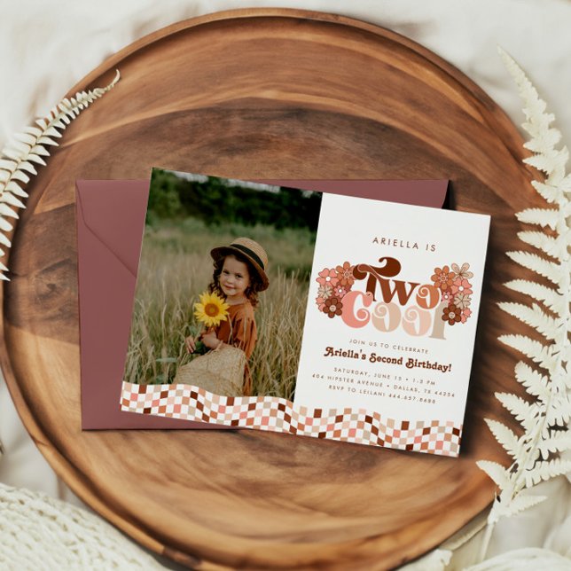 Retro Groovy Two Cool Girls 2nd Photo Birthday Invitation (Creator Uploaded)