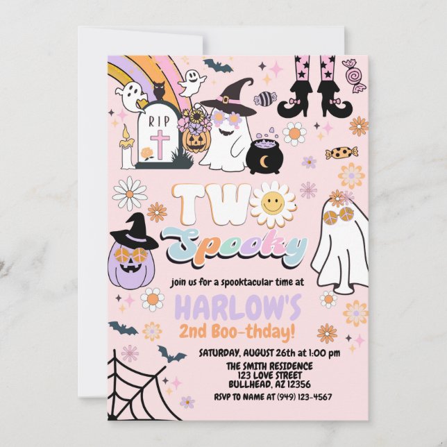 Retro Groovy Two Spooky Halloween 2nd Birthday Invitation (Front)