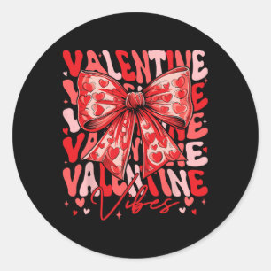 Retro Groovy Valentine Vibes Heart Coquette Bow Wo Classic Round Sticker