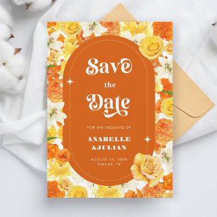 Retro Groovy Vibrant Yellow Orange Floral Wedding Invitation