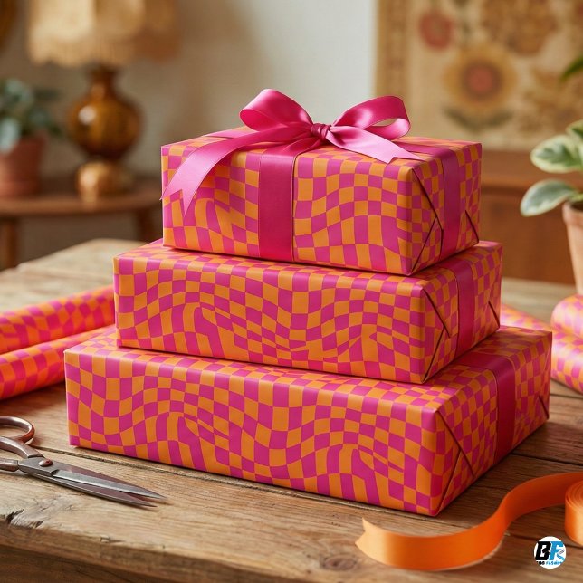Retro Groovy Warped Checkerboard Hot Pink Orange Wrapping Paper (Creator Uploaded)