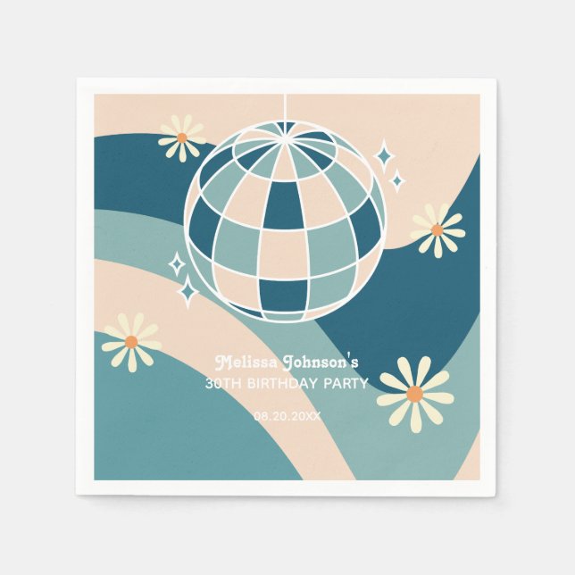 Retro Groovy Wave Disco Ball Daisy Green Birthday Napkin (Front)