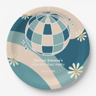 Retro Groovy Wave Disco Ball Daisy Green Birthday Paper Plate