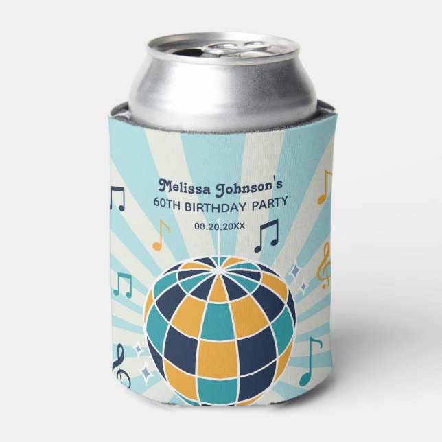 Retro Groovy Wave Disco Ball Musical Blue Birthday Can Cooler (Can Front)