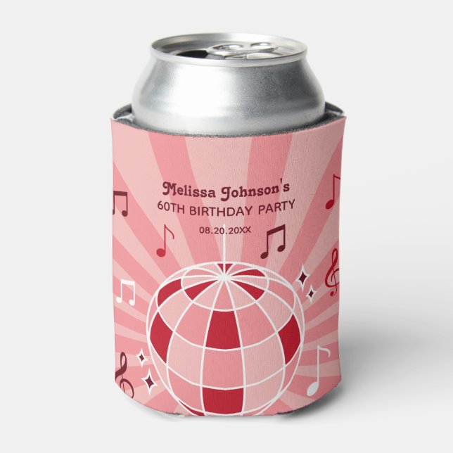 Retro Groovy Wave Disco Ball Musical Pink Birthday Can Cooler (Can Front)