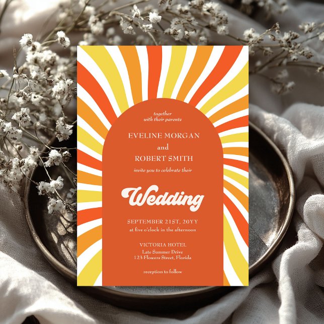 Retro groovy waves orange yellow sun wedding invitation (Retro groovy waves orange yellow sun wedding invitation)