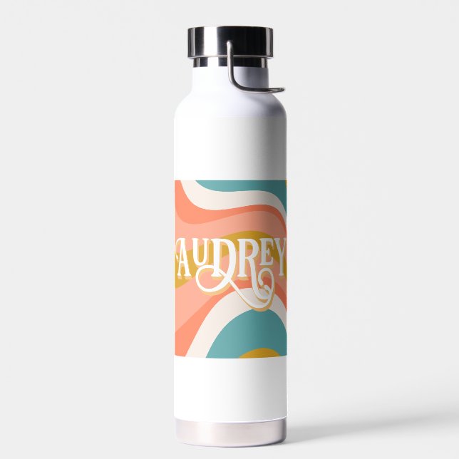 Retro Groovy Wavy Lines Personalised Name Water Bottle (Left)