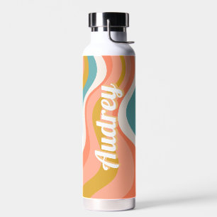 Retro Groovy Wavy Pattern Personalised Name Water Bottle