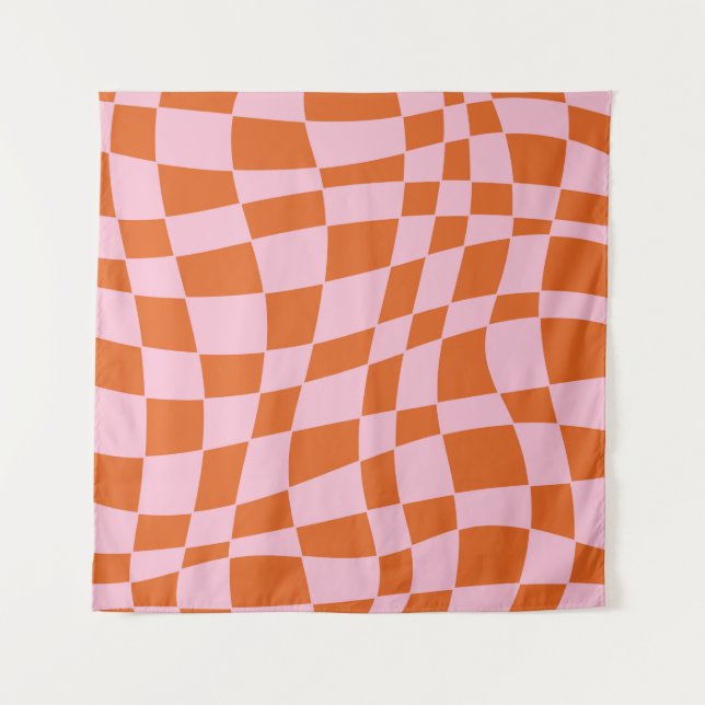 Retro Groovy Wavy Psychedelic Checkerboard Check Y Tapestry (Front)