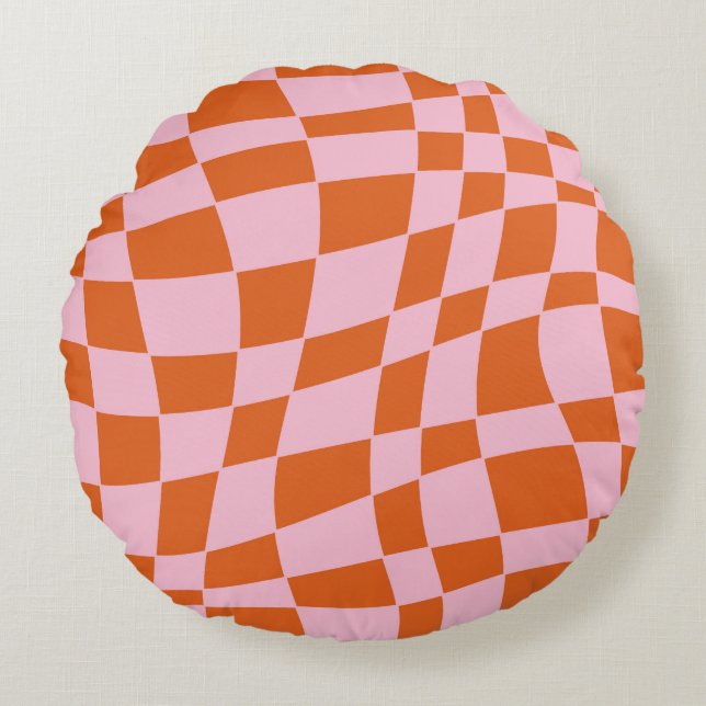 Retro Groovy Wavy Psychedelic Chequerboard Check Y Round Cushion (Front)