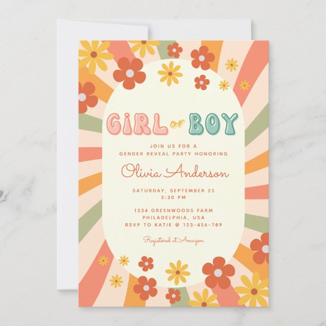 Retro Groovy Wavy Sunshine Flower Gender Reveal Invitation (Front)