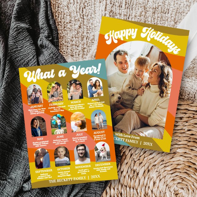 Retro Groovy What A Year In Review 12 Photo Arch Holiday Card (Creator Uploaded)