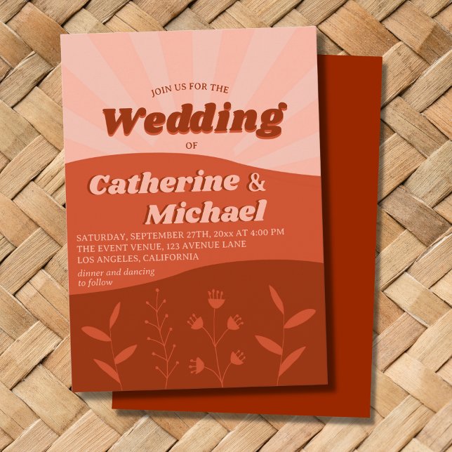 Retro Groovy Wildflower Terracotta Orange Wedding Invitation (Creator Uploaded)