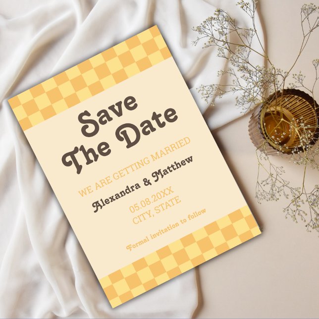 Retro Groovy Yellow Orange Chequered Save The Date (retro save the date card groovy checkers yellow orange)