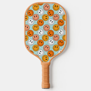 Retro groovy yellow &orange funny smile emoji pickleball paddle