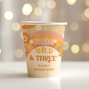 Retro groovy young wild and three birthday paper cups