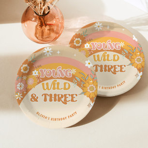 Retro groovy young wild and three birthday paper plate